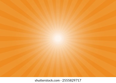 Orange rays background with sunburst and warm glowing light, vector illustration featuring beams and sunny abstract design.