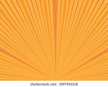 Orange rays and dotted lines, stripes. Pop art style, comic book, carton illustration. Colorful retro starburst effect, stripes. Yellow background. Vector, eps 10.