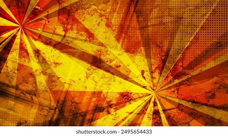 Orange rays and stripes grunge abstract geometric background. Retro tech concept vector design