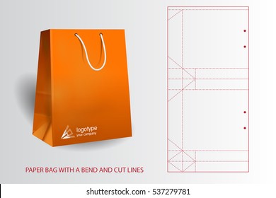 Orange realistic paper bag with a bend and cut lines.