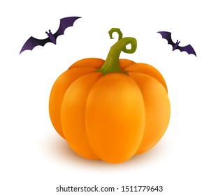 Orange realistic pumpkin with black bats in cartoon style, vector Halloween illustration isolated on white background
