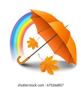 Orange realistic umbrella with falling yellow leaves and rainbow isolated on white background. Vector illustration