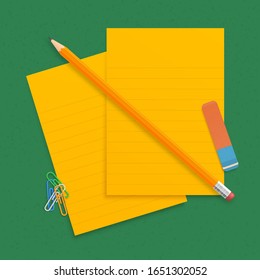Orange realistic vector pencil lies with rubber and clips on a stack of lined paper stripes on a green school desk background
