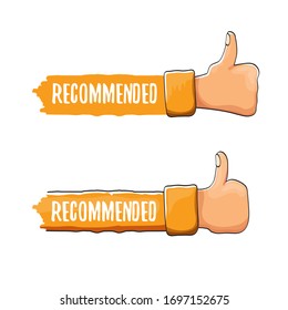 Orange recommended label or icon with with thumbs up hand isolated on white background. cartoon Recommended button with like hand