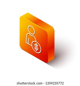 Orange rectangle isometric Businessman line icon with dollar sign