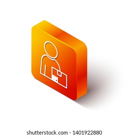Orange rectangle isometric Deliveryman, service, box, worker, deliver concept