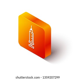 Orange rectangle isometric Icon medical syringe with needle. Concept of vaccination, injection