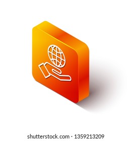 Orange rectangle isometric Save earth icon design. Save globe logo