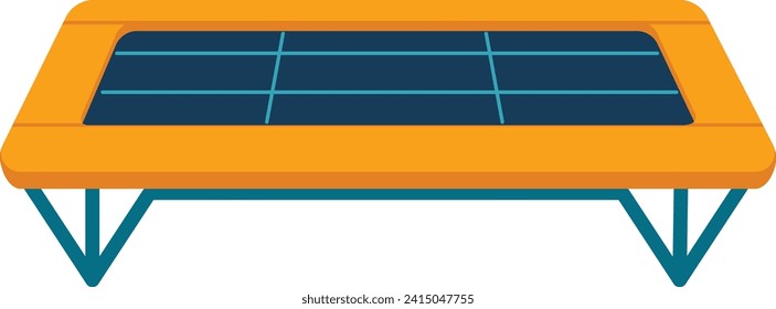 Orange rectangular trampoline with blue details, gym equipment for fitness and exercise. Indoor sport, jumping workout vector illustration.