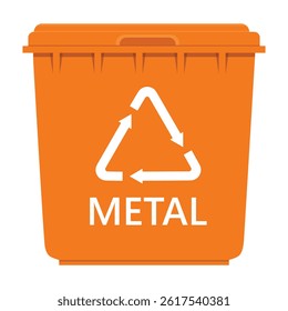 Orange recycling garbage bin for metal waste isolated on white background. Container for metallic trash, garbage. Separate waste collection concept