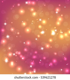 Orange Red Abstract Christmas Background with Bright Stars, Bokeh and Snowflakes. Vector Graphics.