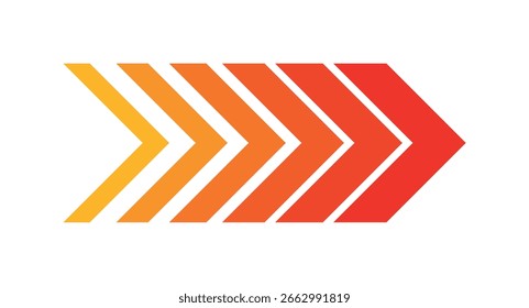 Símbolo de Vector de flechas rojas anaranjadas que muestra la dirección de velocidad, movimiento rápido, progreso, navegación, diseño moderno, gradiente vibrante, ícono dinámico hacia adelante para tecnología digital, interfaz de usuario, fondo aislado