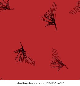 orange red background color, flower graphics, peony with fallen petals, suitable for decoration of packaging paper, for autumn textile, for bed linen