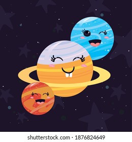 orange red and blue kawaii planets of space futuristic and cosmos theme Vector illustration