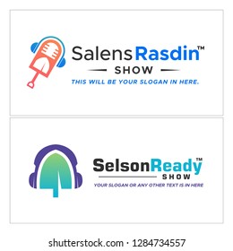 
orange red blue purple blue black headset earphone mic shovel logo design concept vector suitable for industrial karaoke podcast musical 