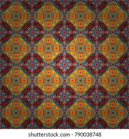Orange, red and blue texture with Swirls, Mandalas, Doodle Flowers and Leaves, Deco Elements. Vector colored seamless pattern with Mandalas and floral ornament.