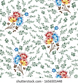 Orange Red And Blue Vector Flowers Pattern On Small Leaves Background