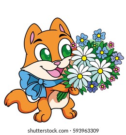 Orange, red bright cartoon kitten with blue ribbon, with bouquet of different flowers(chamomiles)