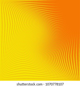 Orange red bright halftone pattern. Gradient polka dots background. Modern vector illustration. Abstract curves. Points backdrop. Dotted spotted pattern. Monochrome template for web design