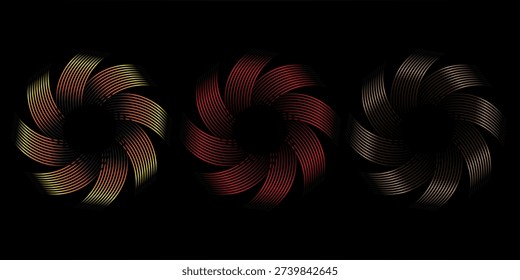 orange, red, and brown metal circle frames 3d vector realistic illustration. First, second and third place medals or buttons isolated on black background. Certified. Quality blank, empty badge set.