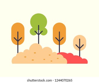 Orange and red color trees and multicolor bushes autumn scenery. Fall season plants decor and flat design elements isolated on white, vector icons