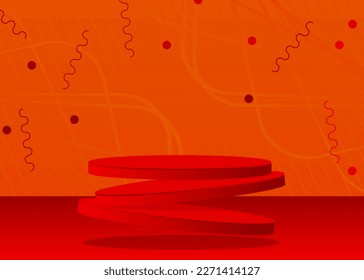 Orange and red cylinder pedestal podium. Stage showcase minimal geometric forms, empty scene. Futuristic vector 3D room mockup product display. Abstract Sci-fi presentation.
