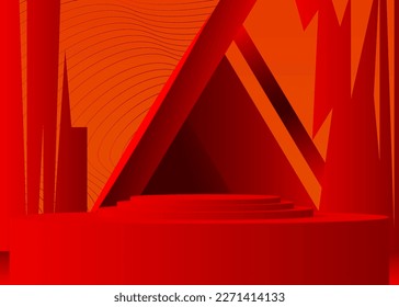 Orange and red cylinder pedestal podium. Stage showcase minimal geometric forms, empty scene. Futuristic vector 3D room mockup product display. Abstract Sci-fi presentation.
