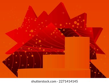 Orange and red cylinder pedestal podium. Stage showcase minimal geometric forms, empty scene. Futuristic vector 3D room mockup product display. Abstract Sci-fi presentation.