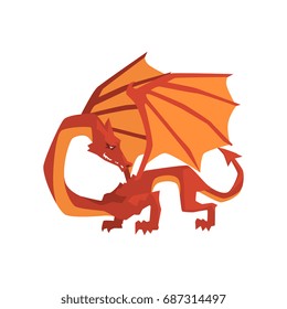 Orange and red dragon, mythical and fantastic animal vector Illustration