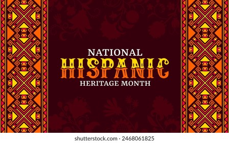 Orange and red ethic ornament on national Hispanic heritage month banner. Hispanic heritage month festival background, Latin America culture carnival vector flyer or banner with geometric ornaments