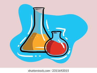 Orange and Red flask liquid icon. Chemical laboratory research. Vector illustration.Hand drawn laboratory science equipment.