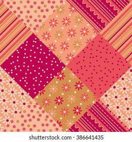 orange and red flower and dot patchwork vector pattern