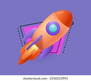 Orange or red flying rocket ship with fire or flame. Spaceship launch 3D vector illustration on purple background. Space, science, traveling, business or start-up concept