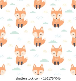 Orange red fox sitting on the field seamless background repeating pattern, wallpaper background, cute seamless pattern background