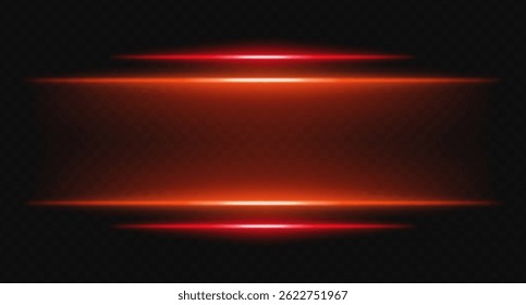 Orange and red glowing horizontal beams on transparent background. Bright layered lights perfect for digital HUD, sci-fi UI borders, and visual accents.