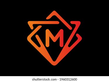 Orange red gradient color of M initial letter in frame design