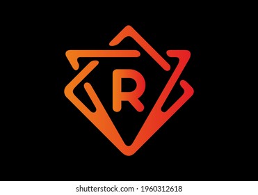 Orange red gradient color of R initial letter in frame design