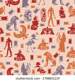 The orange, red, gray abstract symbols of ancient Egypt are randomly arranged on a beige background. ancient egyptian seamless pattern. vector