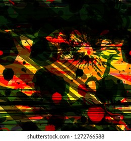 Orange, red, green, black colors. Bright seamless texture with differnt shapes. Abstract vector background for web page, banners backdrop, fabric, home decor, wrapping
