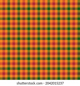 Orange, Red And Green Checkered Plaid. Colorful Tattersall Pattern Fabric Swatch.