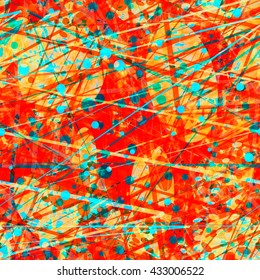 Orange, red and green. Circles and straight thin lines.  Ovals, scratches. Randomly mixed. Transparency, overlay, overlap. Easy editing. Watercolor effect. Seamless abstract vector pattern.