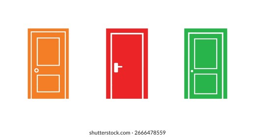 Ícones de vetor de porta laranja, vermelho e verde isolados no plano de fundo branco descrevem diferentes estilos de portas com vários tipos de alças e designs de painel.