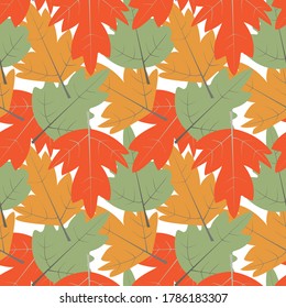 Hojas naranjas, rojas y verdes de árboles en un fondo blanco. Patrón brillante sin foco. Estilo plano. Tema del otoño.