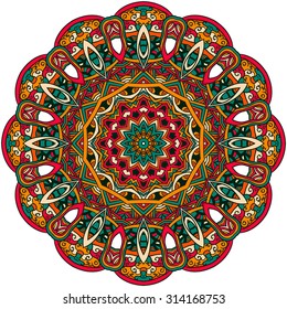 Orange, red, green, light yellow mandala. Vintage decorative elements. Hand drawn background. Logo.
