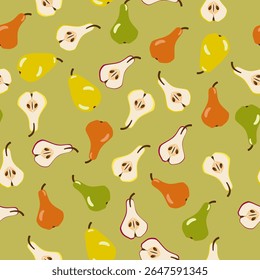 Laranja, Vermelho e Peras Verdes e Peras Metades em Fundo Verde Jogsed Around. Design de padrão contínuo