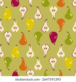 Laranja, Vermelho e Peras Verdes e Peras Metades no Fundo Verde. Design de padrão contínuo