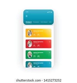 Orange, red, green portfolio for designer UI, UX, GUI screen for mobile apps design. Modern responsive user interface design of mobile applications including Portfolio screen
