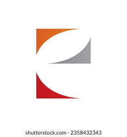 Orange Red and Grey Lowercase Letter E Icon with Curvy Triangles on a White Background