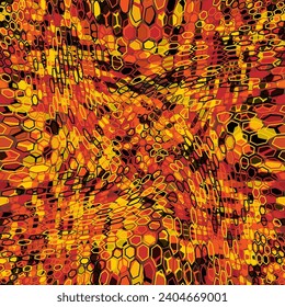 Orange and red halftones hexagon snake skin decorative camouflage. Africa style digital art camo design. Abstract vector background for banners backdrop, fabric, home decor, wrapping