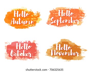 Orange and red hello autumn greeting banners vector collection. Labels with hand painted watercolor brush stroke splashes and text. Hello September, October, November autumn month collection.